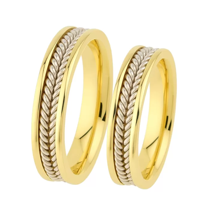 14 Ayar Sarı Altın Çift Renkli Desenli Alyans Çifti