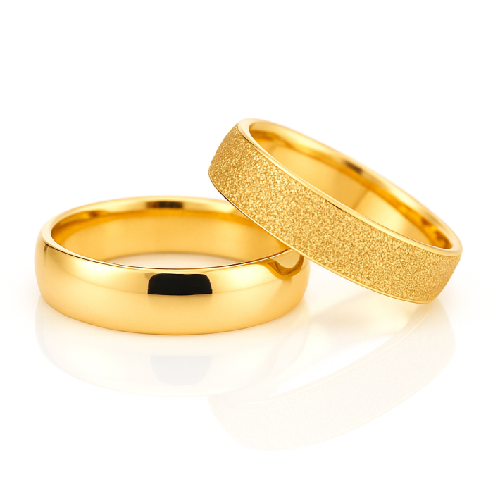 14 Ayar Sarı Altın Parlak & Kumlama Alyans Çifti