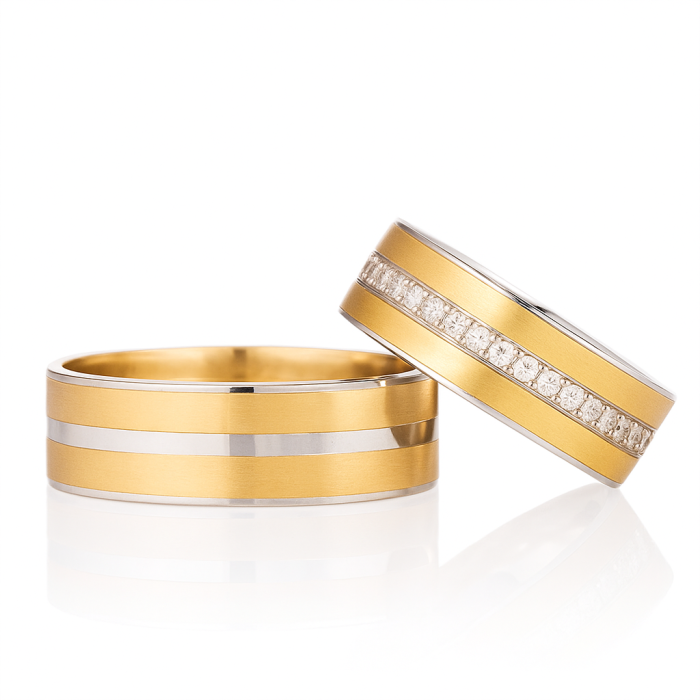 14 Ayar Çift Renkli Taşlı & Düz Klasik Alyans Çifti