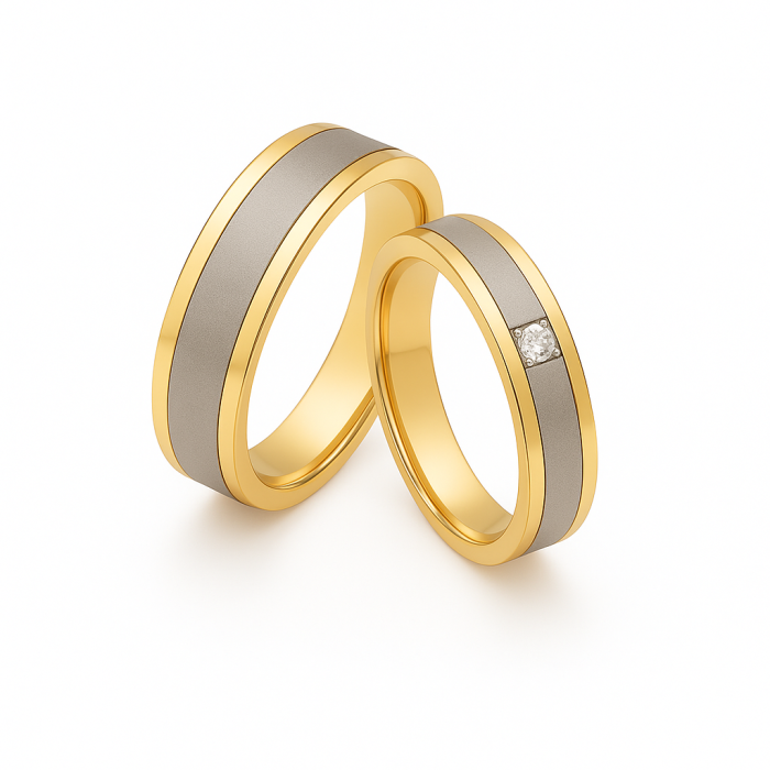 14 Ayar Sarı & Beyaz Altın Tektaşlı Çift Alyans