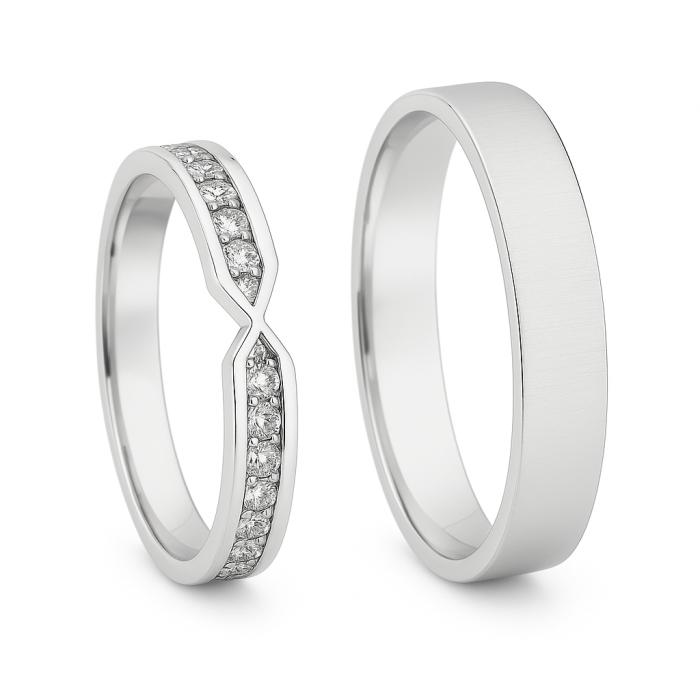 14 Ayar Beyaz Altın Pırlanta Sıralı Çift Alyans