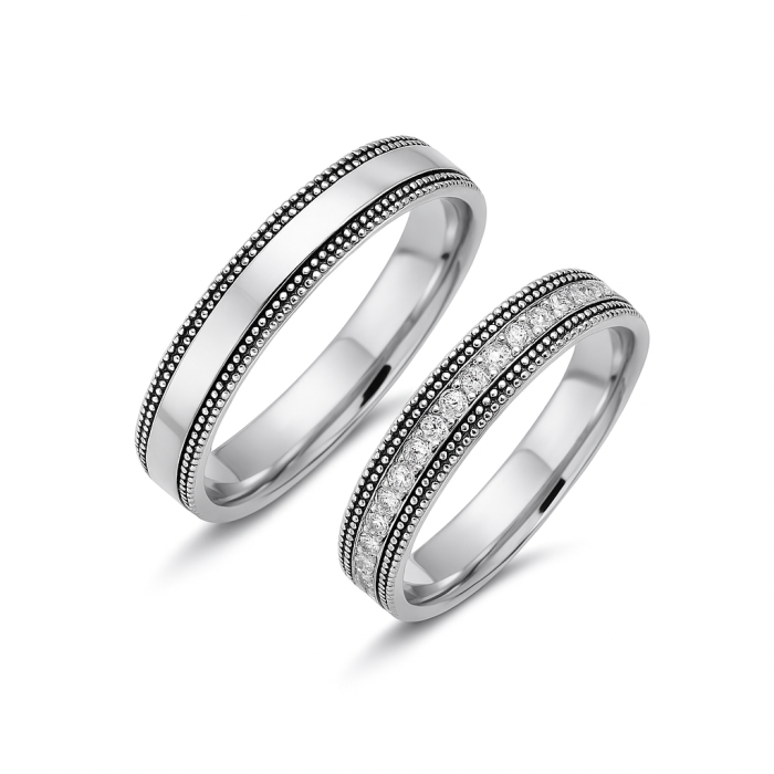 14 Ayar Beyaz Altın Klasik Desenli Alyans Çifti