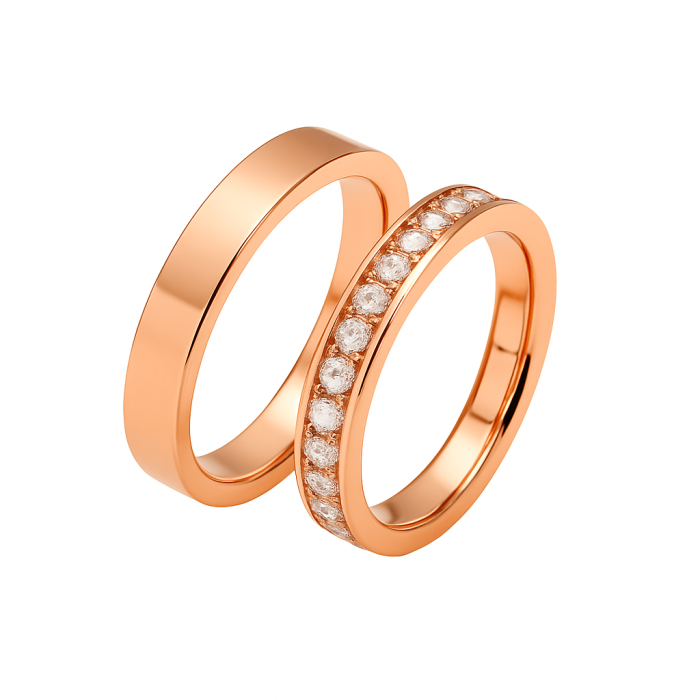 14 Ayar Rose Altın Düz & Taşlı Klasik Alyans Çifti