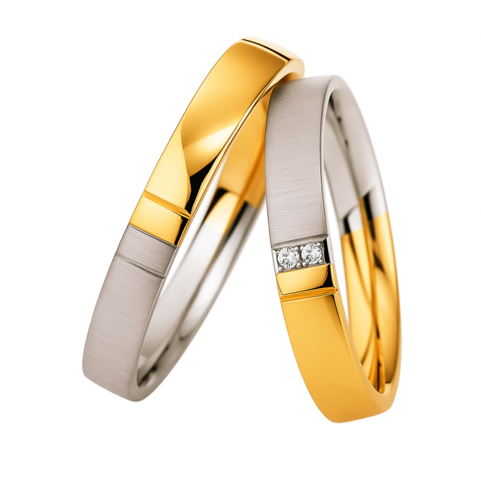 14 Ayar Çift Renkli (Sarı & Beyaz) Modern Tasarım Alyans Çifti